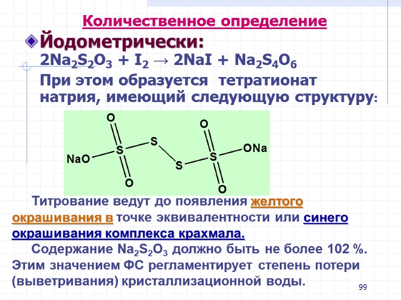 99 Количественное определение Йодометрически: 2Na2S2O3 + I2 → 2NaI + Na2S4O6 99 Количественное определение Йодометрически: 2Na2S2O3 + I2 → 2NaI + Na2S4O6